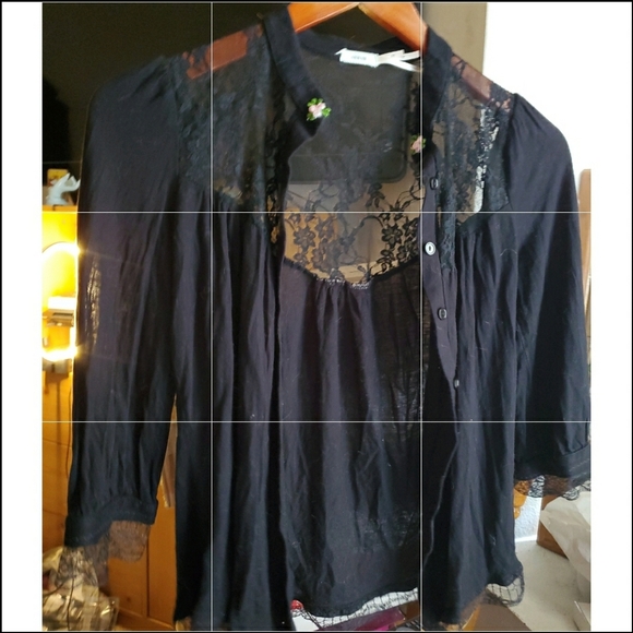 Kimchi Blue Sweaters - Kimchi Blue Black Lace Light Cardigan Sweater Shrug Floral Buttons 3/4 Sleeve
